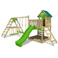 FATMOOSE Aire de jeux Portique bois JazzyJungle avec balançoire SurfSwing et toboggan vert pomme Maison enfant extérieure-1