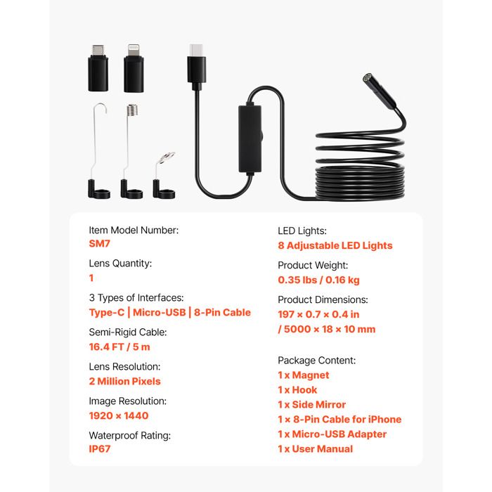 Endoscope Industriel Double Objectif IP67 – Caméra D'inspection 4,3" IPS, 8 LED, Câble Semi-rigide 5 M (16,4 Ft)