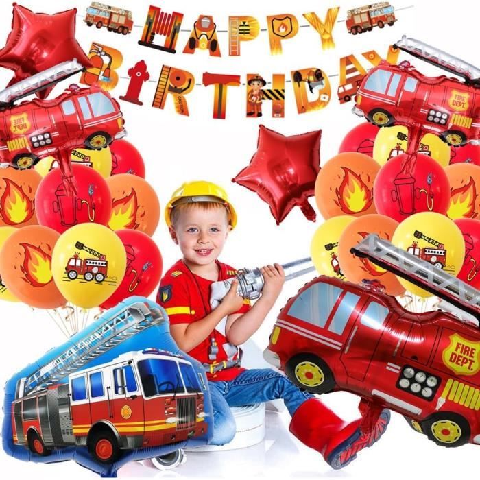 Décoration Anniversaire Pompier 3 Ans – Ballons Camion, Bannière, Déco Gâteau – Kit 30 Pièces – Fête Garçon École