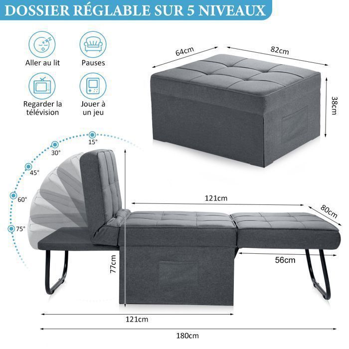 Canapé-Lit Pliable 4-en-1 Avec Accoudoirs Amovibles – Pouf Convertible, Lit 1 Personne, Fauteuil De Sol, Compact Pour Petit Espace (Marron)