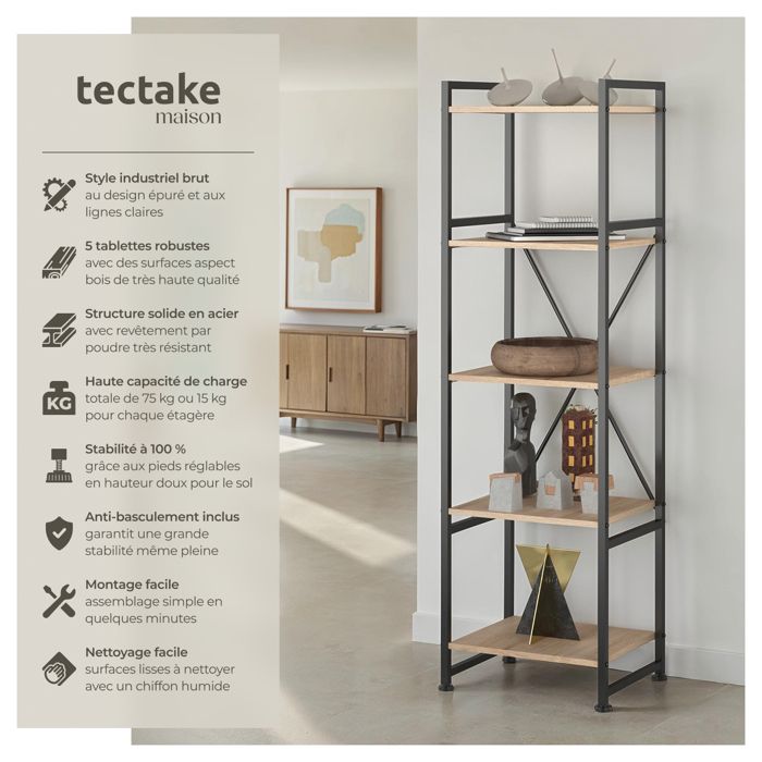 Étagère à Chaussures étroite Tectake Newport – 4 Niveaux, Métal Noir Et Bois – Design Industriel – 80x30x72,5 Cm