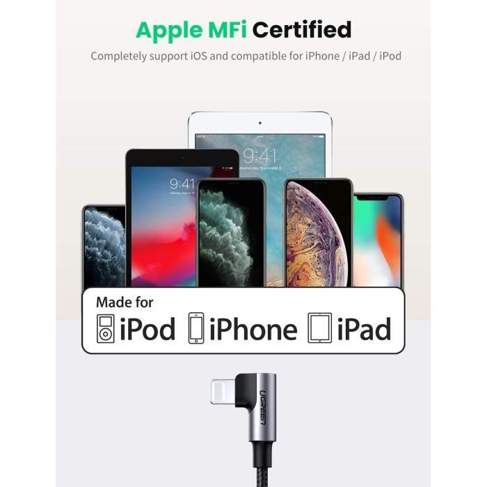 Câble Lightning UGREEN USB C Câble De Chargeur En Nylon PD Certifié MFi Pour IPhone 12/12 Mini/12 Pro/12 Pro Max/SE/11/11 Pro/X/XR/ XS MAX/8/8 Plus