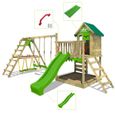FATMOOSE Aire de jeux Portique bois JazzyJungle avec balançoire SurfSwing et toboggan vert pomme Maison enfant extérieure-2