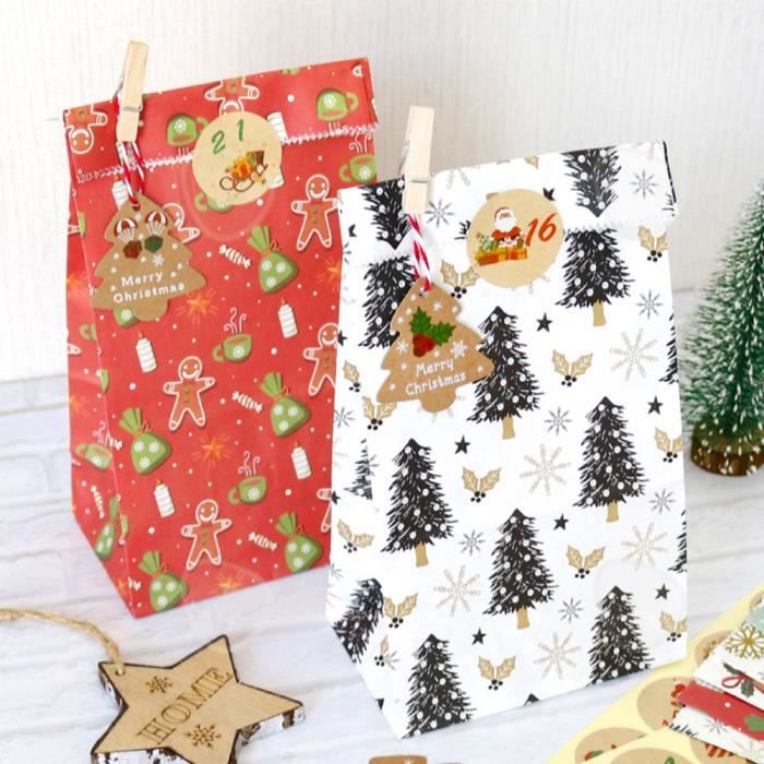 Calendrier de l'Avent Sacs en papier d'emballage imprimés ADV avec motifs  de Noël