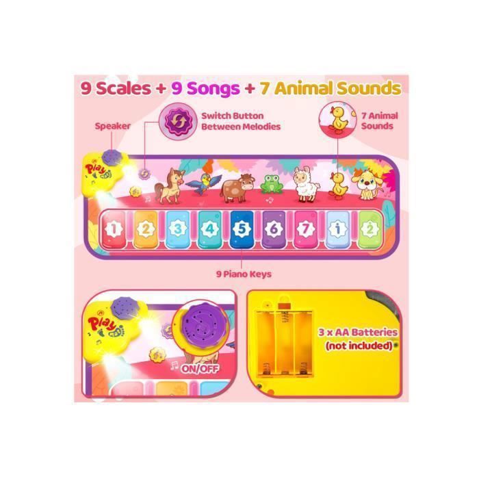 Tapis Piano Géant Carehabi 110 Cm – 19 Chansons + 9 Touches + Sons Animaux – Jouet Musical éducatif Pour Bébé 1 An – Cadeau Noël Anniversaire