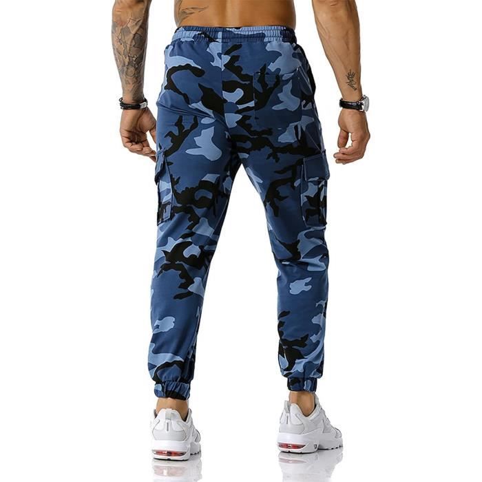 Pantalon Jogging Homme Grande Taille Elastique Cargo Coton Survêtement  Cuisine Sport Léger Eté Blanc/Bleu ciel