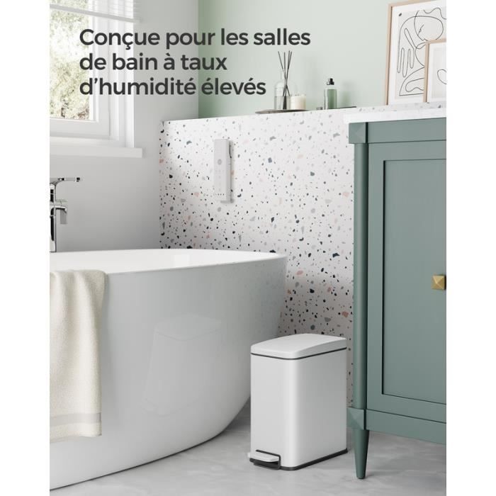 Poubelle De Salle De Bain 5l En Métal Blanc Avec Couvercle En Bambou
