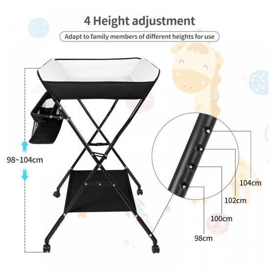 Table à Langer Bébé Pliable Belfoyer - Hauteur Réglable 83-91 Cm, Roulettes, Panier De Rangement, Gris