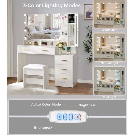 Coiffeuse Avec Miroir Lumineux BEWISHOME - 2 Tiroirs, Étagères Réglables - 80x40x135cm - Blanche