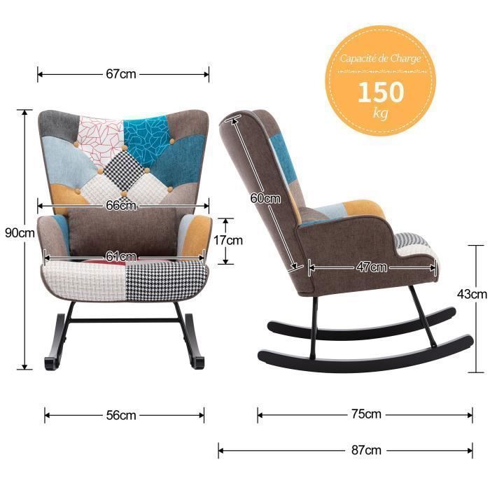 Fauteuil à Bascule Avec Tabouret Patchwork Avec Structure En Métal Et Base En Bois Fauteuil à Bascule Scandinave Fauteuil Rétro Salon Chaise De Relaxation Fauteuil Rembourré Pour Chambre Hôtel Marron