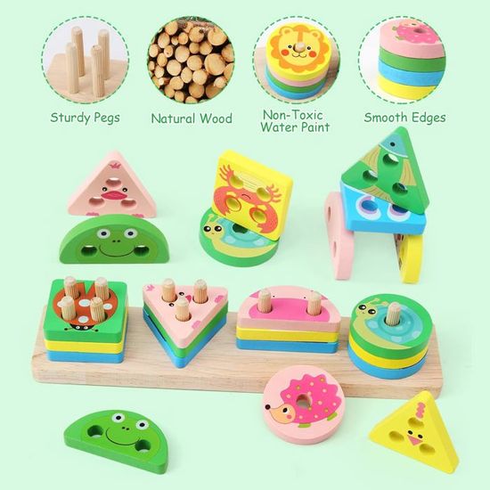 Abaque Jeux Enfant Jouet Montessori En Bois Formes à Trier Et Empiler - Puzzle Couleurs Et Géométriques Pour Enfants 1-4 Ans