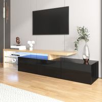 Meuble TV panneau bas avec pieds color block en noir et blanc brillant, avec portes et tiroirs, portes avec étagères