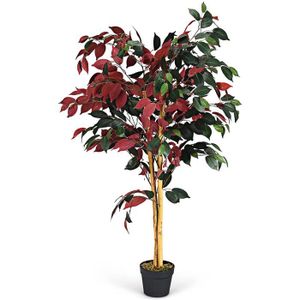 FLEUR ARTIFICIELLE GOPLUS 120CM Plante Artificielle,Arbre Ficus Artificiel en Pot,Simulation de Ficus aux Feuilles Mixtes Rouges et Vertes
