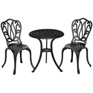 Ensemble table et chaise de jardin Ensemble salon de jardin 2 places avec table ronde style rétro fonte alu noir