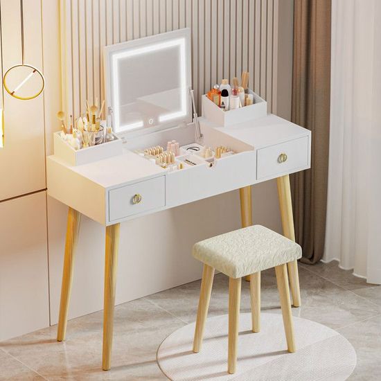 Coiffeuse - Blanche, avec Miroir LED rétractable Réglable 3 couleurs, 2 ...