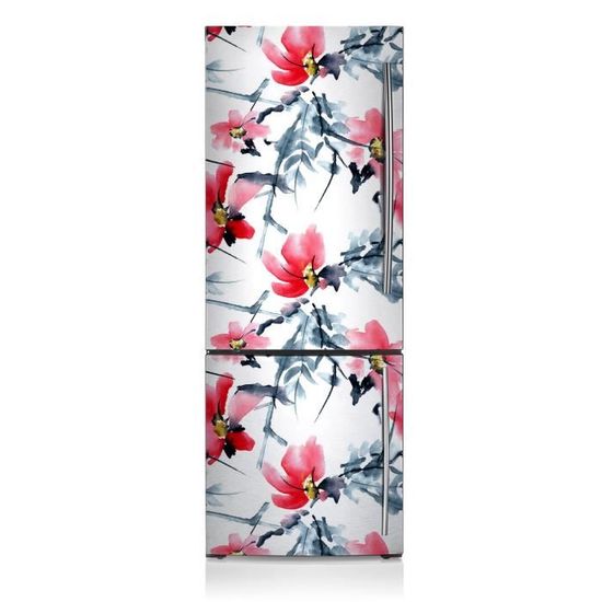 Autocollant Vinyle Décoratif Pour Frigo, Motif Fleurs Jaune Et Magenta, Rectangulaire, Amovible Et Waterproof