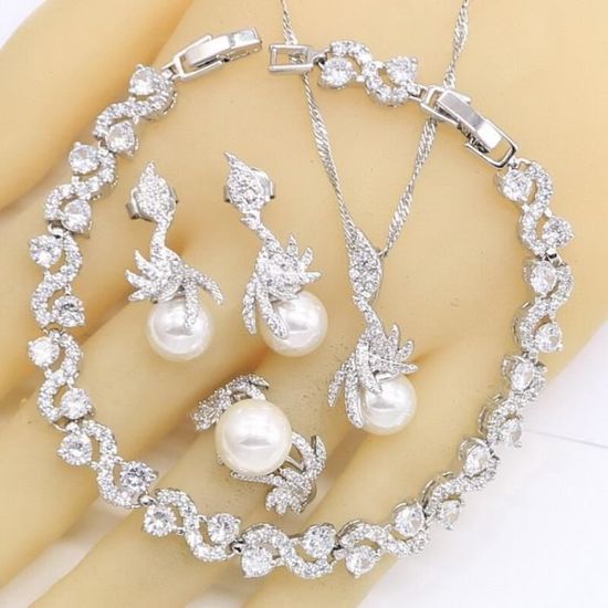 Bijoux de mariage en perles blanches argent 925, ensembles de boucles d&#39;oreilles, collier pendentif, bague, Bracelet*SD1104