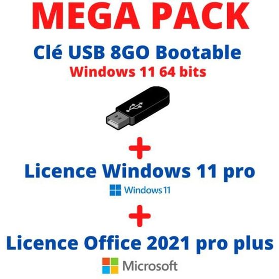 PACK WINDOWS 11 SUR CLE USB BOOTABLE + LICENCE WINDOWS 11 PRO +