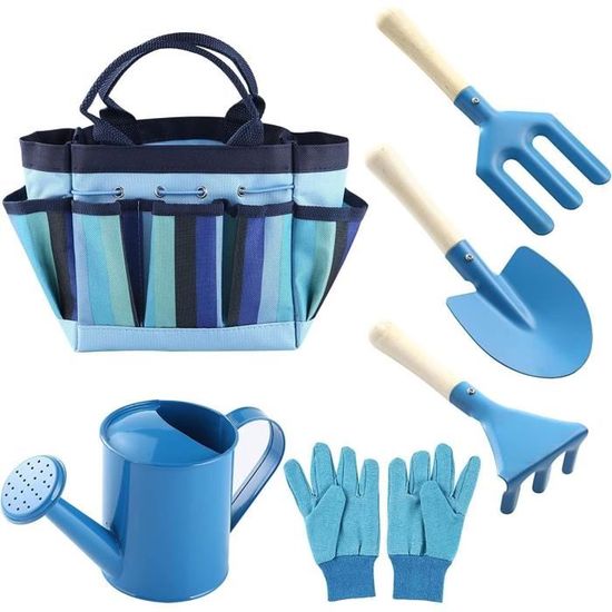 YunNasi – Set De Jardinage Enfant 6 Pièces – Arrosoir, Outils, Gants, Sac, Bleu, Pour Jardin Et Plage