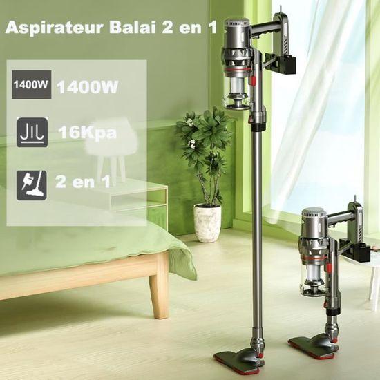 Aspirateur Balai sans Sac, Aspirateur à Main 2 en 1(1400W/16Kpa Puissance d'aspiration, Filtration HEPA, Brosse pour Sols Durs)