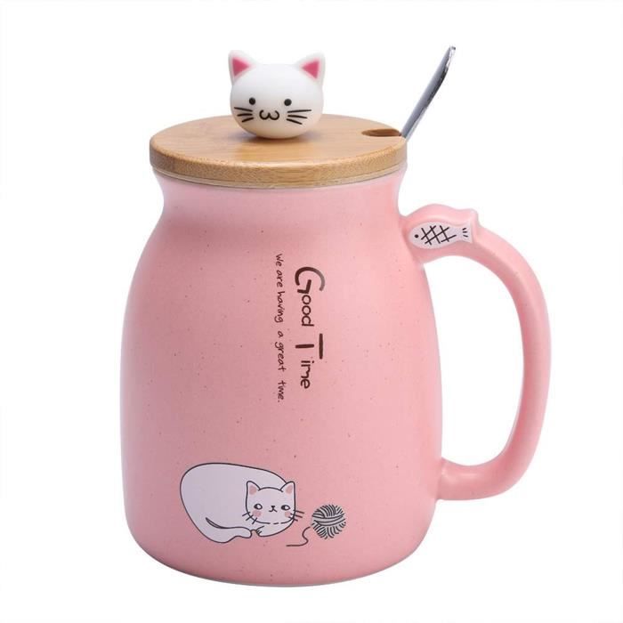 Tasse en Céramique Belle Chat Solide avec Cuillère Et Couvercle en Bois Café Eau Tasse À 1Pc(Rose)