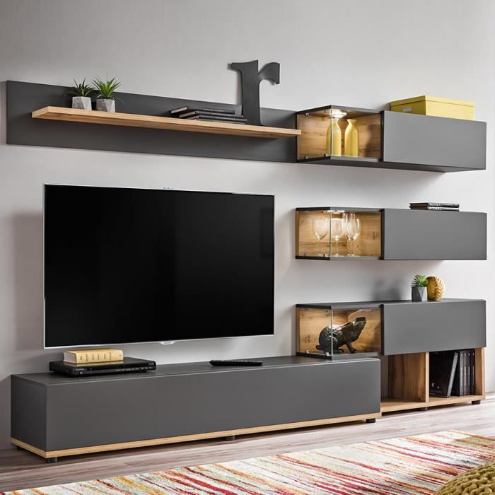 Ensemble meuble TV gris et couleur bois RUFFANO Gris L 240 x P 40 x H 180 cm