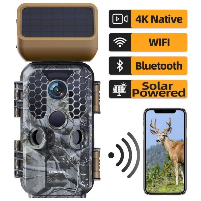 4K Caméra de Chasse solaire CAMPARK Trail Caméra 38*850nm WIFI Bluetooth 120 ° Avec Panneau solaire,32Go SD Carte