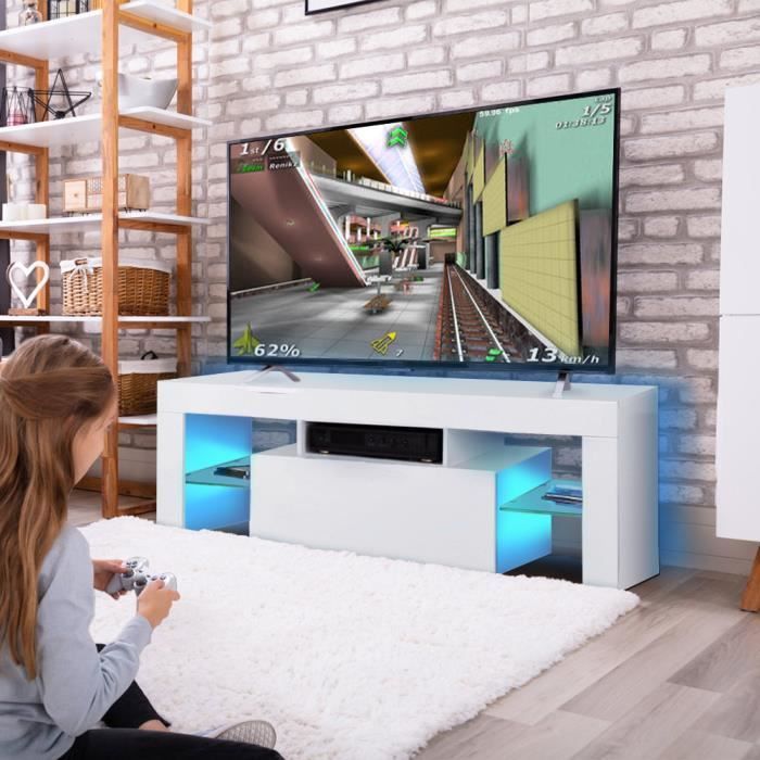 Meuble TV avec LED contemporain blanc laqué brillant - 130 x 35 x 45cm - QUT®