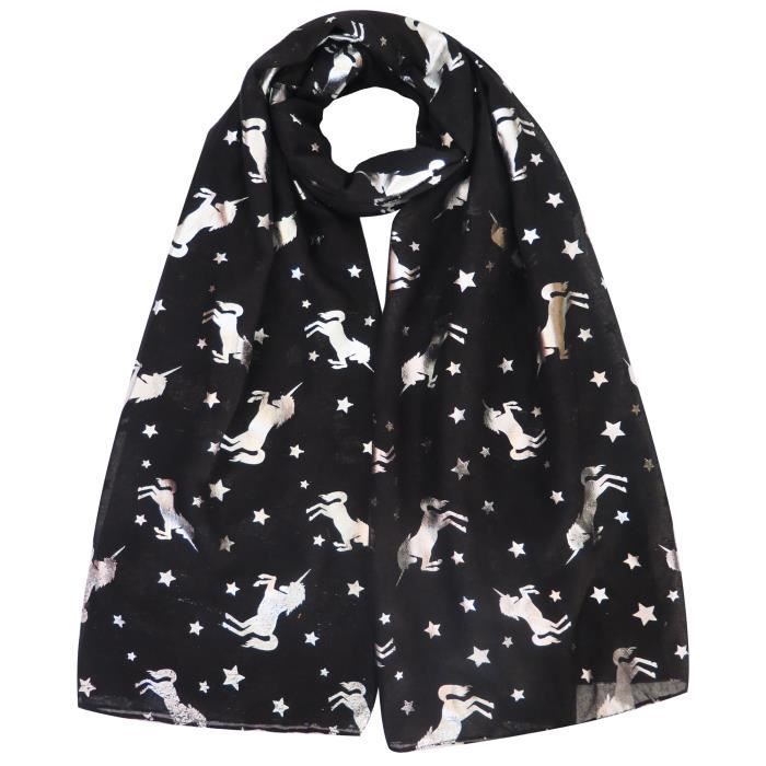 Châle Écharpe Foulard Femme Argenté Licorne-Noir