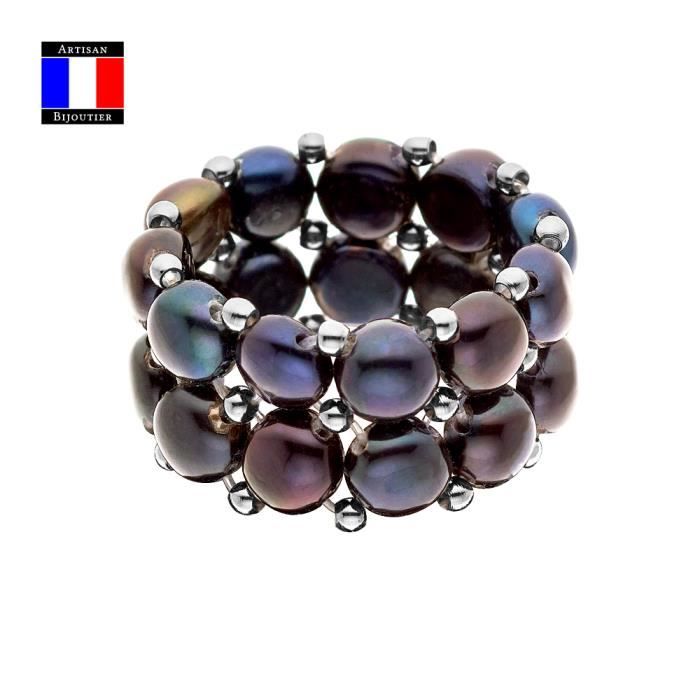 Compagnie Générales des Perles - Bague 2 Rangs - Véritable Perle de Culture d'Eau Douce Bouton Noire - Taille Réglable - Bijou Femme