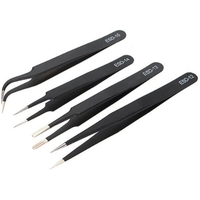 4pcs Pince à épiler Pincettes Antistatique en Acier Inoxydable Pincettes Entretien Outils Kit(Black)