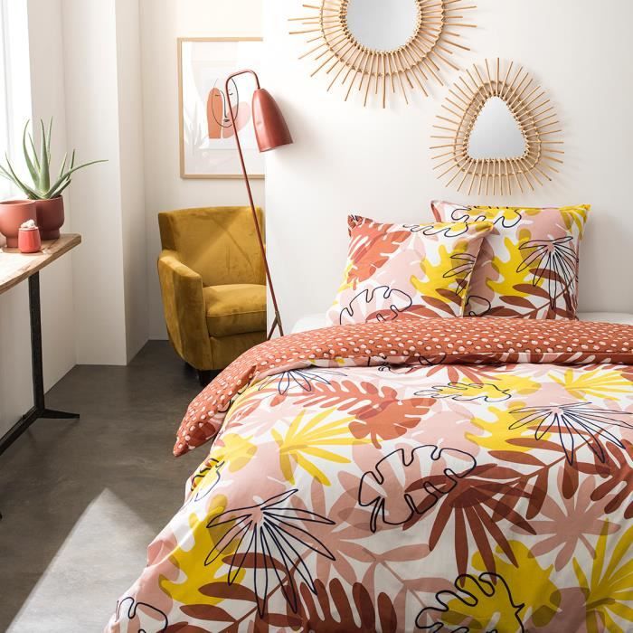 Parure de lit 2 personnes 220X240 Coton imprime rouge Floral SUNSHINE