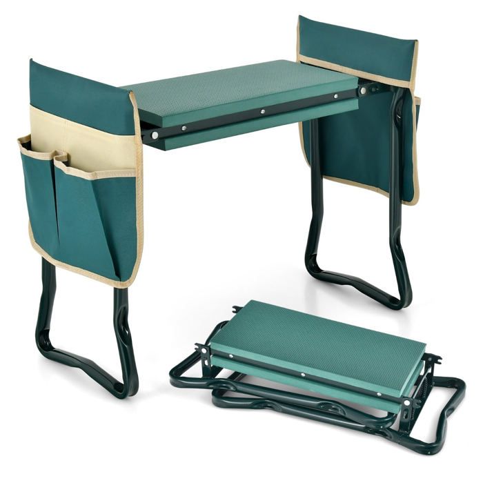 Tabouret de jardin pliable agenouilloir avec coussin mousse EVA, poches à outils, gris foncé