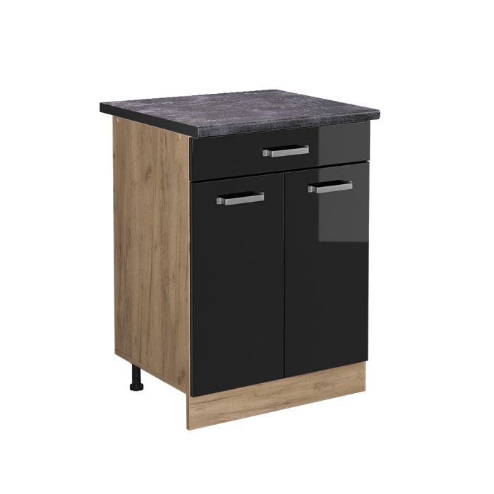 Meuble cuisine R-Line 60cm avec tiroir PT Anthracite Noir Haute brillance/Chêne de force doré Vicco 45711
