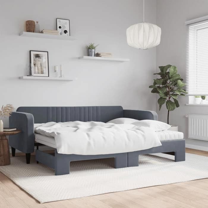 vidaXL Lit de jour avec gigogne et matelas gris foncé 90x200cm velours 3197088