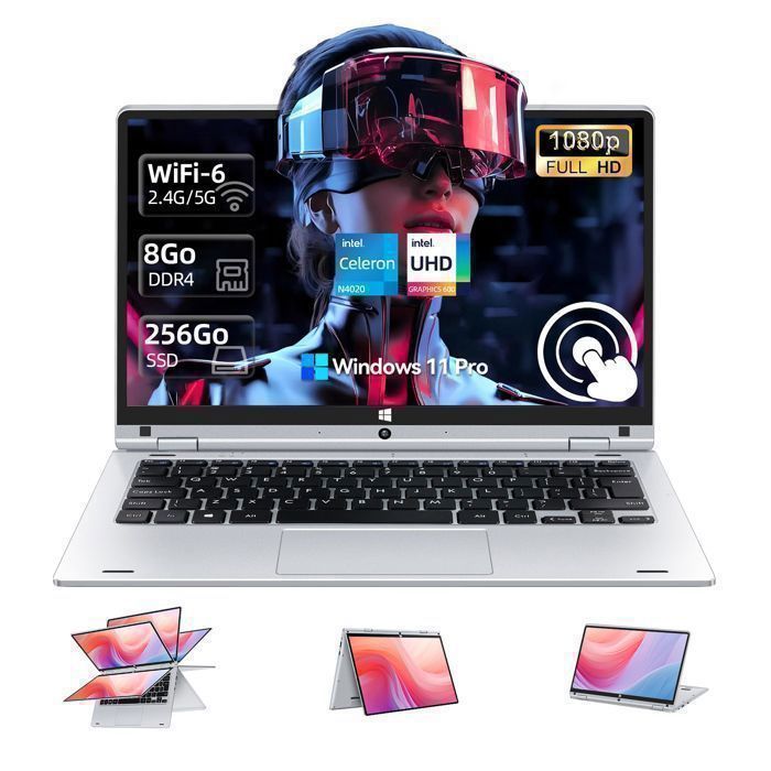 PC portable 12-écran tactile-rotation 360°-Intel Celeron- Windows11 Pro-RAM 8 Go DDR4 256 Go SSD-Ordinateur portable-Argent-AZERTY