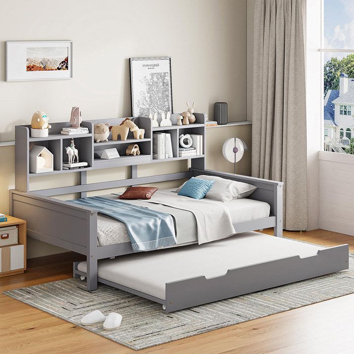 Lit combiné extensible 90x200 cm en bois massif Lit gigogne 90x190 cm avec compartiment de rangement et sommier à lattes pin gris