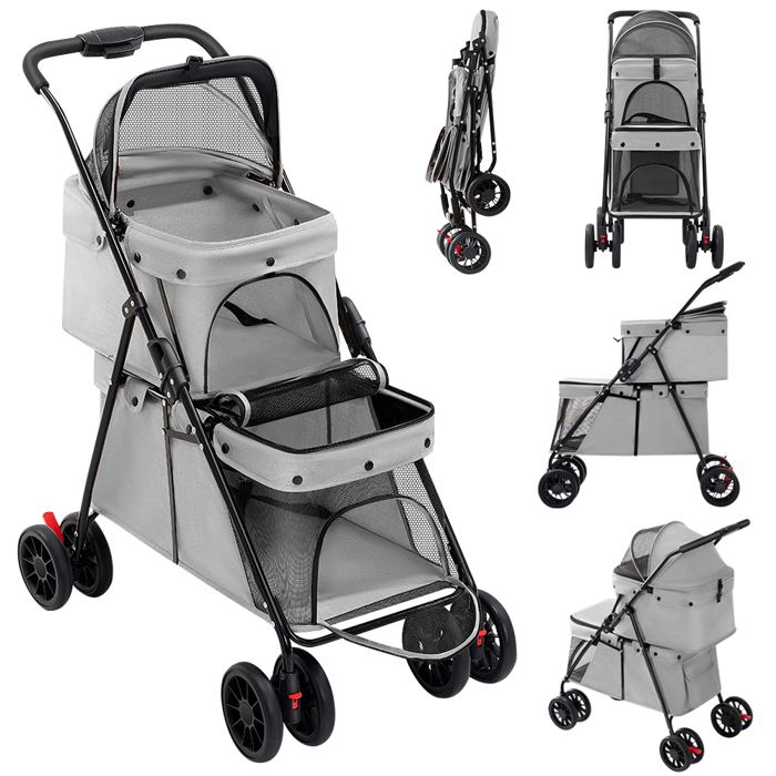 Meilleurs prix pour MIPAN.Double Couche Poussette pour Chien Chat Animaux - Animaux Voyage Poussette - Pliable Chien Chat À Quatre Roues Chariot - Gris