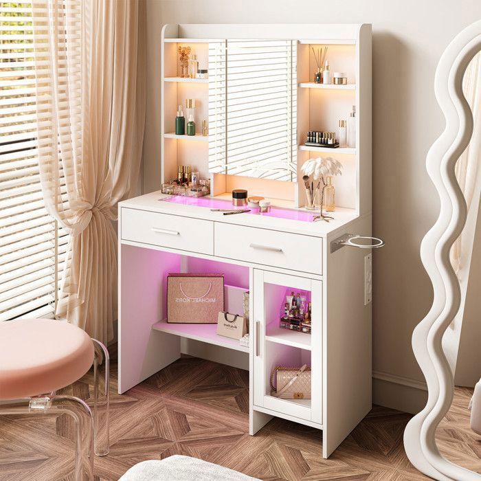 Coiffeuse avec Miroir LED - 3 Modes Déclairage Réglable - avec 2 Tiroirs et 8 Étagères Rangement - Blanc - 89.8x40x145cm
