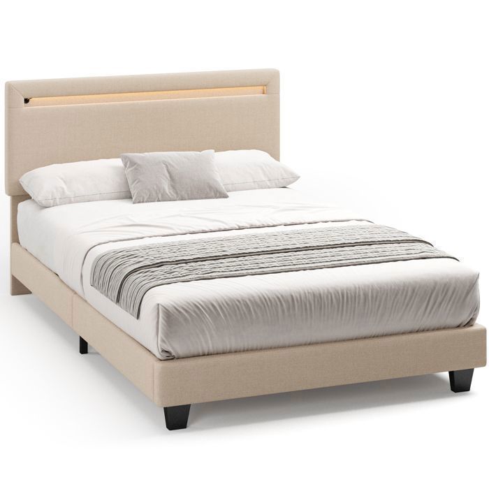 Structure de Lit - Bealife - 120 x 200 cm - Lit Rembourré - Lattes en Bois - LED Réglable - Lit Simple - Beige