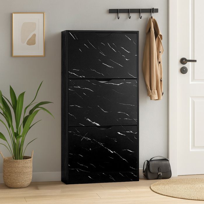 Milton Oldbrook Armoire à Chaussures Prato - 3 Niveaux - jusquà 18 Paires de Chaussures - 60x24x119cm - Effet Marbre Noir