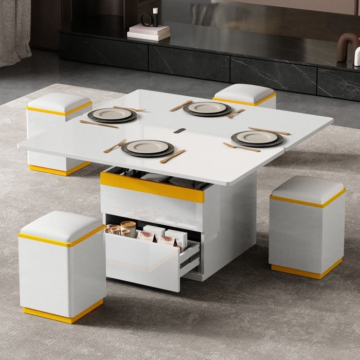 Table Basse Relevable Blanc Brillante Table dappoint élégante Multifonctionnelle avec 4 Chaises Cachées Moelleuses100x50x43 cm