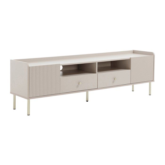 Meuble TV avec 2 portes 2 tiroirs et 2 niches - Beige et doré - LUNAOR Meuble TV avec 2 portes 2 tiroirs et 2 niches - Beige et doré - LUNAOR