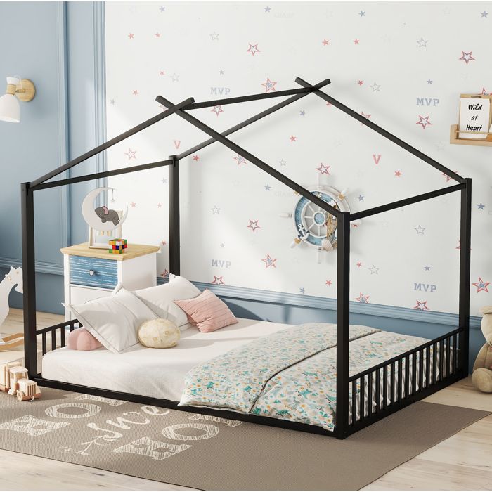 Lit enfant 140x200 cm forme cabane avec sommier à lattes métal noir Sans matelas