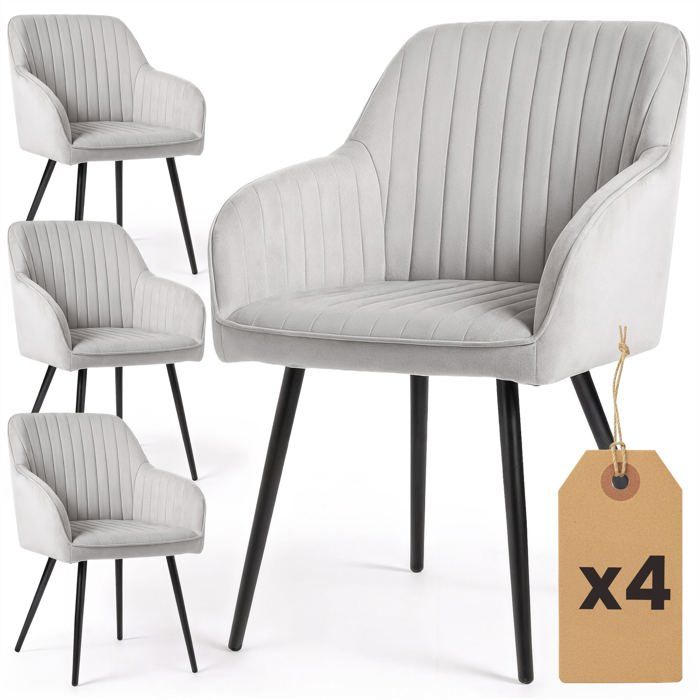 Lot de 4 Chaises en velours à surpiqûres FLORENCE Gris pieds noirs Lot de 4 Chaises en velours à surpiqûres FLORENCE Gris pieds noirs