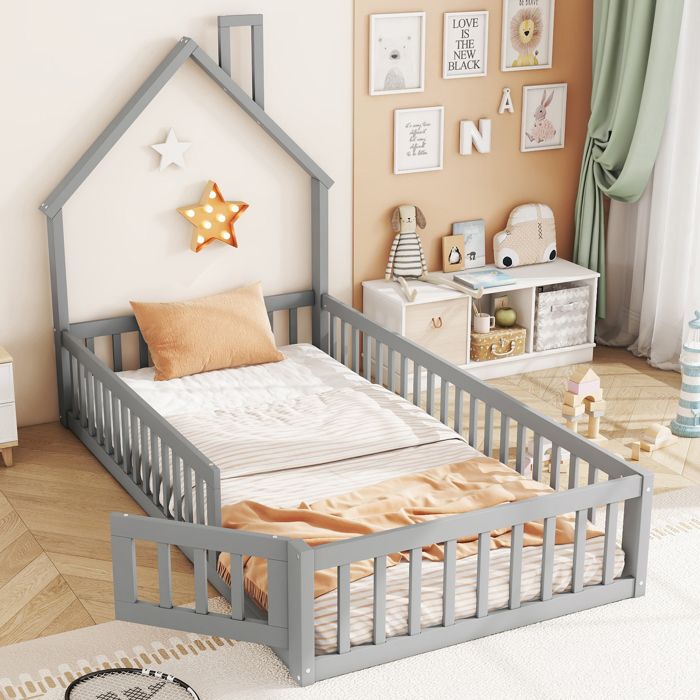 Lit cabane enfant 90 x 200 cm avec cheminée sommier à lattes pin/MDF gris sans matelas