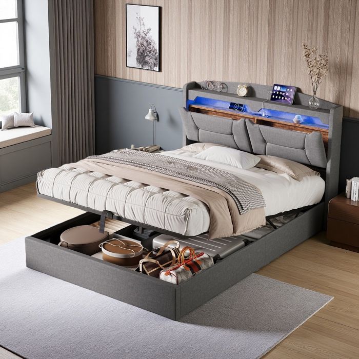 Lit coffre 140 x 190 cm lit 2 places avec rangement et tête de lit capitonné Lit 140x190 avec sommier LED et USB en Lin gris