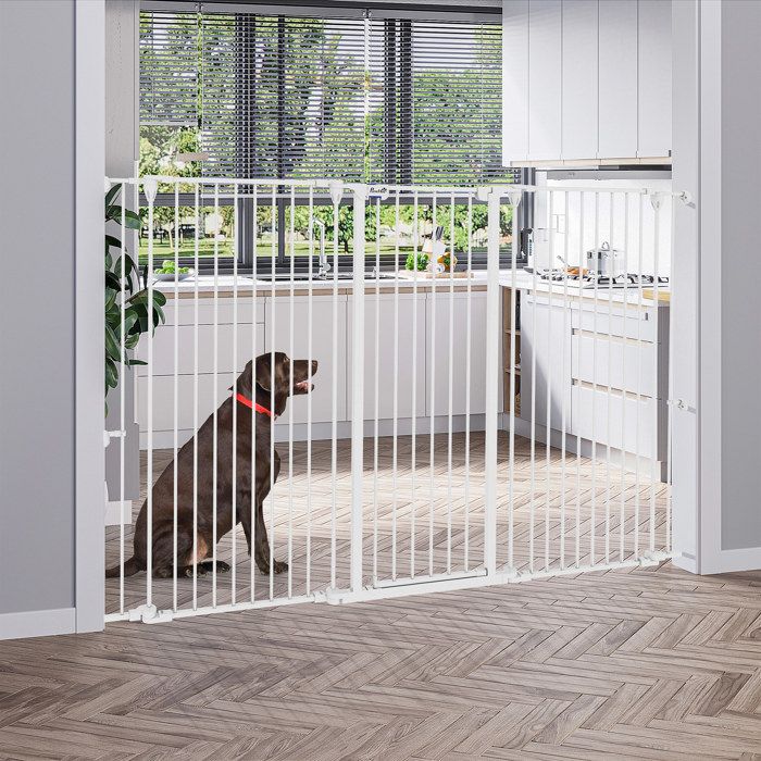 Meilleurs prix pour Barrière pour chien en acier à 3 panneaux pliante double verrouillage et porte intégrée pour porte et escalier blanc