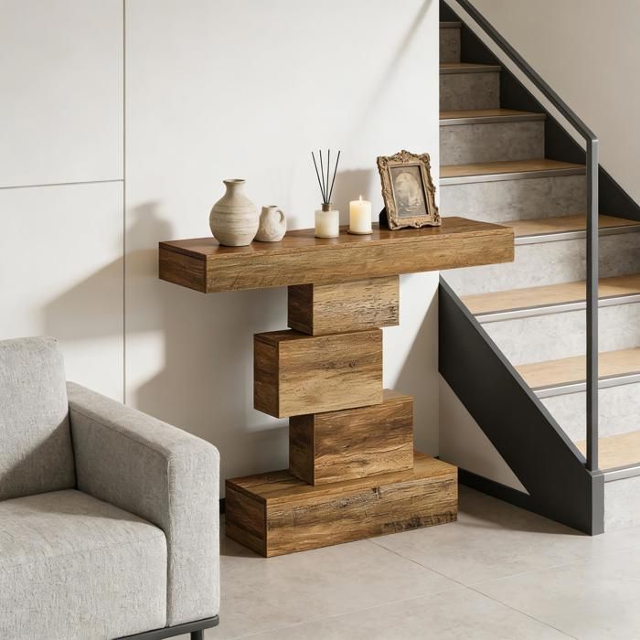 Table Console campagne asymétrique - meuble d’entrée essentiel - meuble de couloir - MDF - 108x30x80cm - marron
