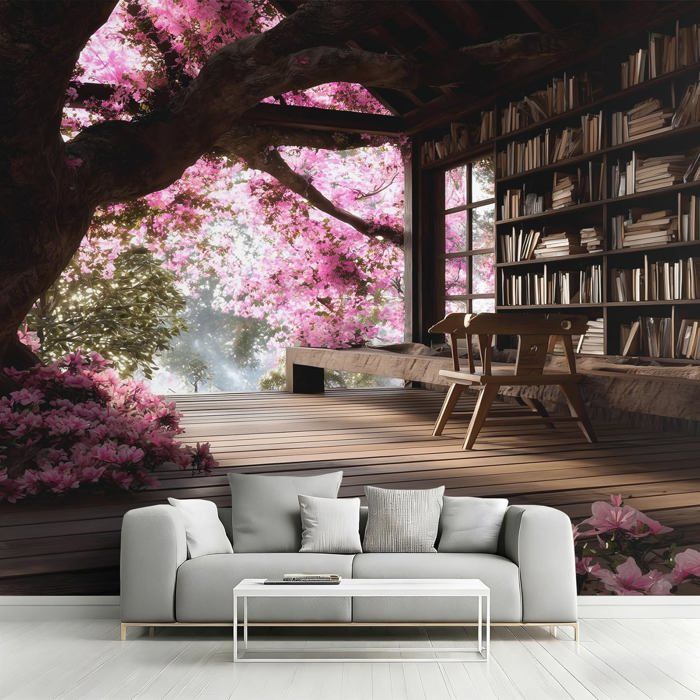 Papier Peint Panoramique Étagère Papier Peint Fleurs de Cerisier Fond pour Chambre Wallpaper pour Salon Deco Murale 350x256cm